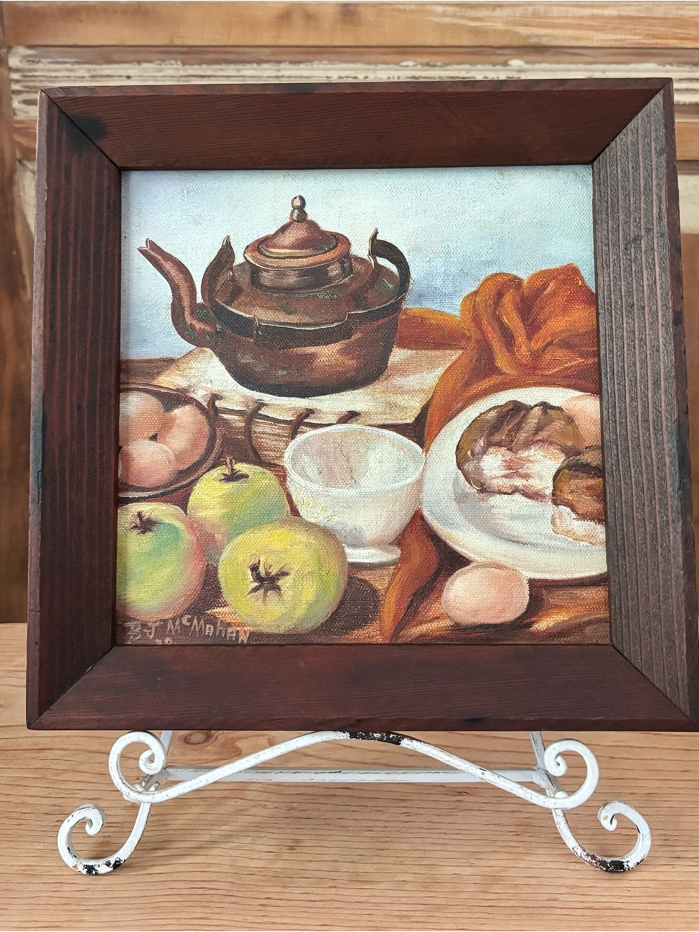 1970’s Framed Still Life Kitchen Painting with Brown Frame. 9 3/4” x 9 3/4”